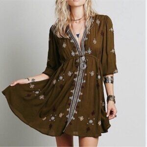 $128 Free People Stargazer Mini Dress Olive Green Embroidered Boho
